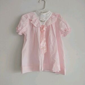 Upsy Dazy Baby Dress 2T Pink Floral Embroidery Crochet Bow Ruffle Puff Sleeve